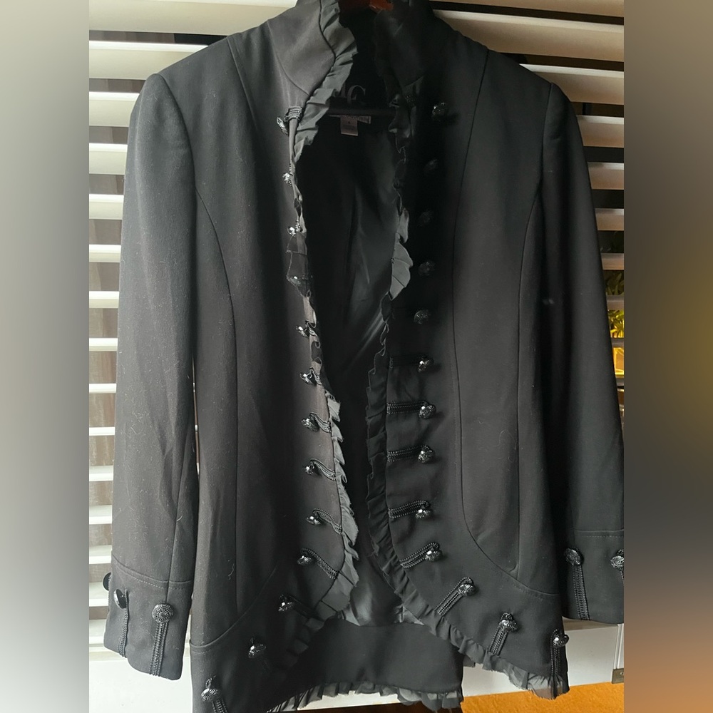 Black Ruffled Military-Style Women's Blazer